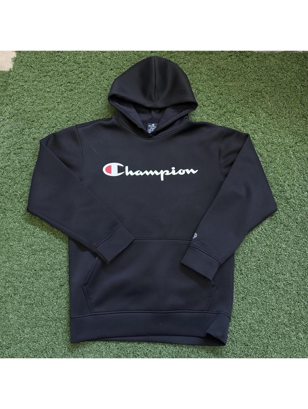 Champion Black Script Logo Hoodie Small Athletic Pullover Sweatshirt Essential